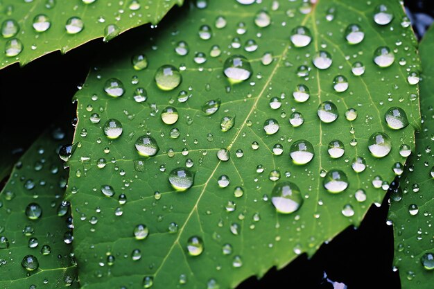 Des gouttes d'eau sur une feuille verte Une profondeur de champ peu profonde