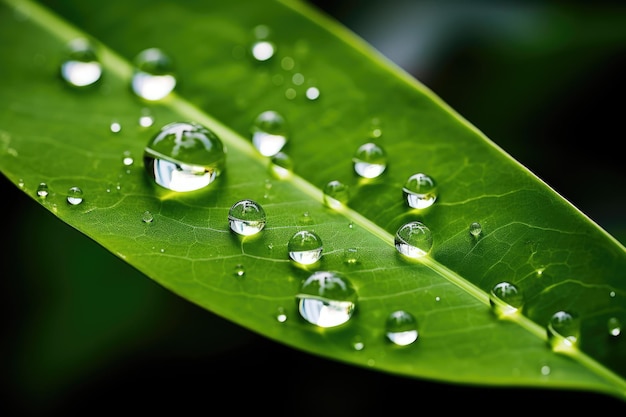 Des gouttes d'eau sur une feuille verte.