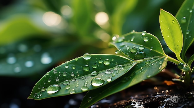 Gouttes d&#39;eau sur une feuille verte