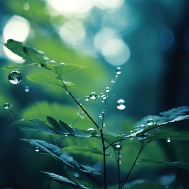 Gouttes d'eau sur les feuilles et le fond vert ai