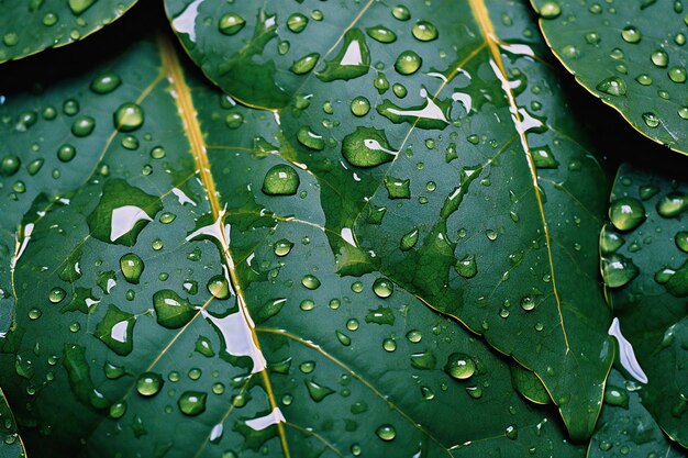 Photo des gouttes d'eau sur les feuilles vertes des goutts d'eau dans les feuilles après la pluie