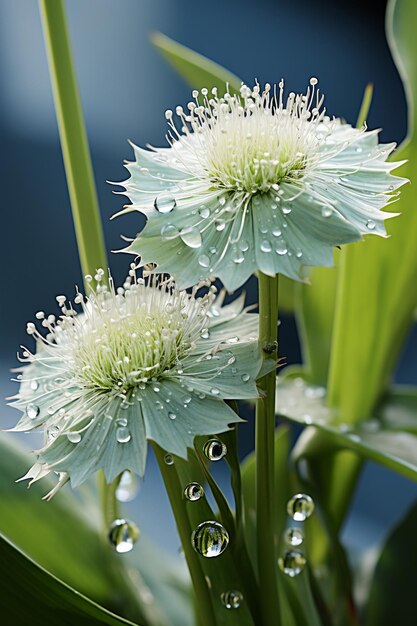 Photo des gouttes d'eau sur une fleur aux pétales bleus et aux feuilles vertes