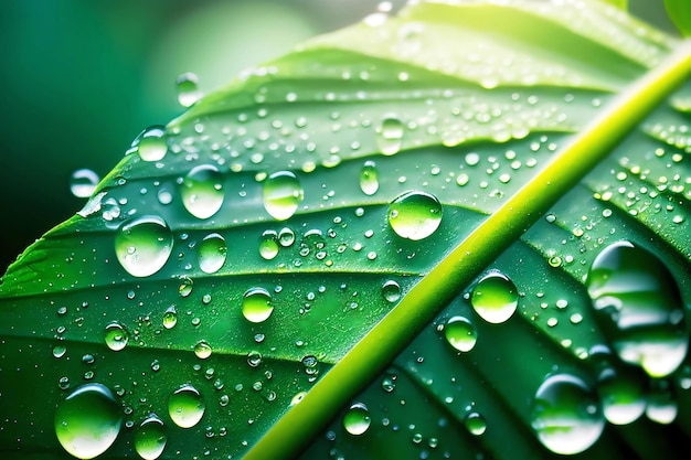 Gouttes d'eau sur fond de feuille verte Conception ai générative