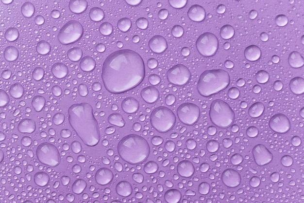 Gouttes d'eau sur fond violet vue de dessus Gouttes de liquide hydratant cosmétique de toner ou de sérum hyaluronique