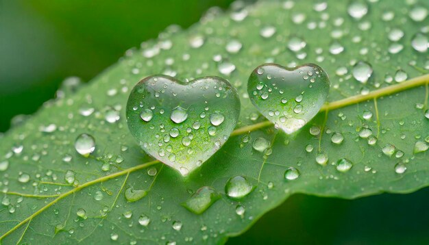 Photo gouttes d'eau en forme de cœur sur une feuille verte