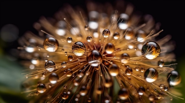 Gouttes d'eau sur macro de graines de pissenlit