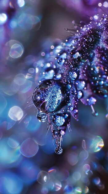 Des gouttes d'eau macro violettes et bleues