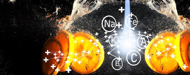 Gouttes d'eau sur orange douce mûre. Fond de mandarine frais avec espace de copie pour votre texte. Notion végétarienne.