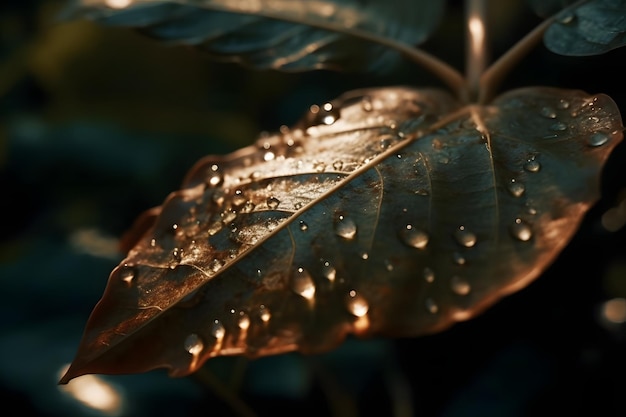 Gouttes d'eau de pluie sur une feuille d'arbre IA générative