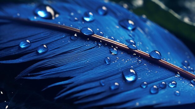 Des gouttes d'eau sur une plume en bleu.