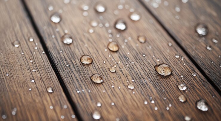 Gouttes d'eau reposant sur une surface en bois texturée après une pluie