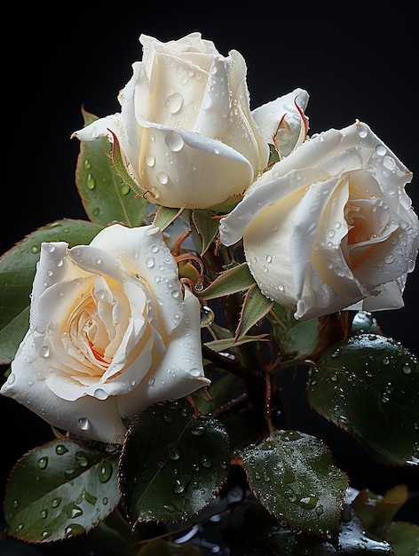 Gouttes d'eau et roses blanches sur fond noir