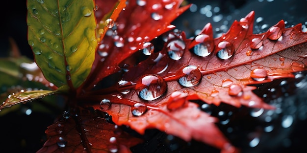 Photo gouttes d'eau rouges de feuilles en gros plan