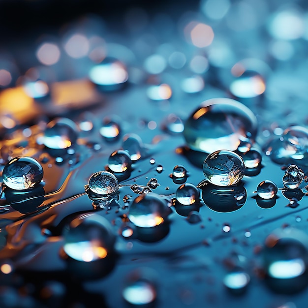 gouttes d'eau sur une surface bleue avec un fond jaune.