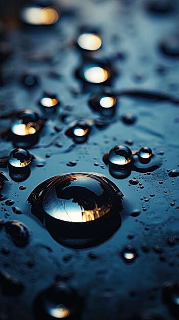 gouttes d'eau sur une surface bleue avec un reflet de lumière dessus