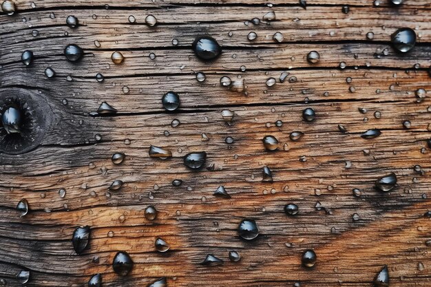 Gouttes d'eau sur une surface en bois