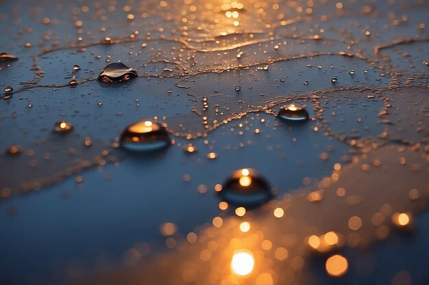 Des gouttes d'eau sur une surface avec un coucher de soleil en arrière-plan