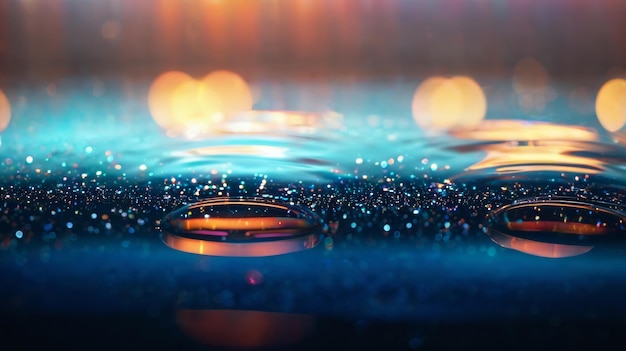 Des gouttes d'eau sur une surface de verre avec des lumières floues