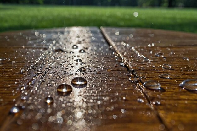 Des gouttes d'eau sur une table de pique-nique dans un parc