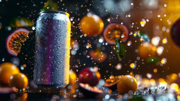 Photo des gouttes d'eau tombant d'une boîte de boisson aux fruits sur un fond sombre