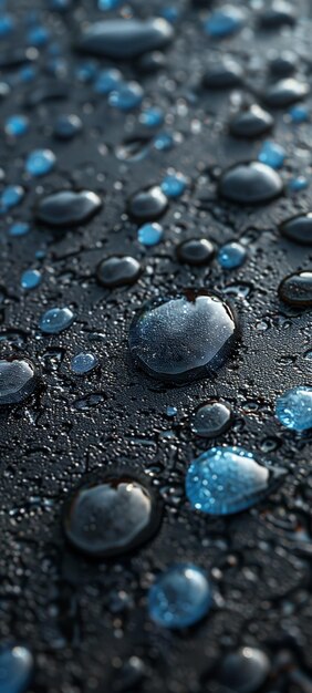 Photo les gouttes d'eau tombent sur la surface noire formant des bulles esthétiques