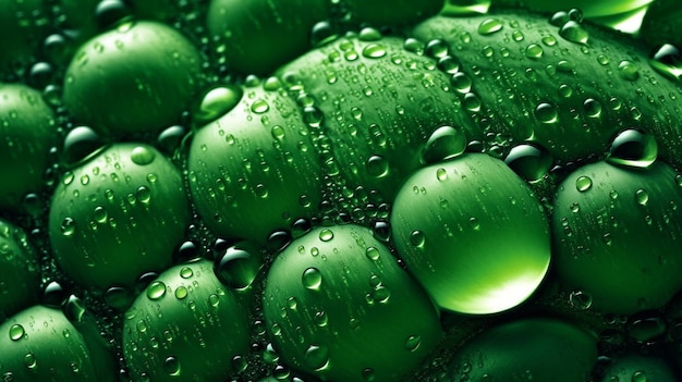 Gouttes d'eau vertes sur une surface verte