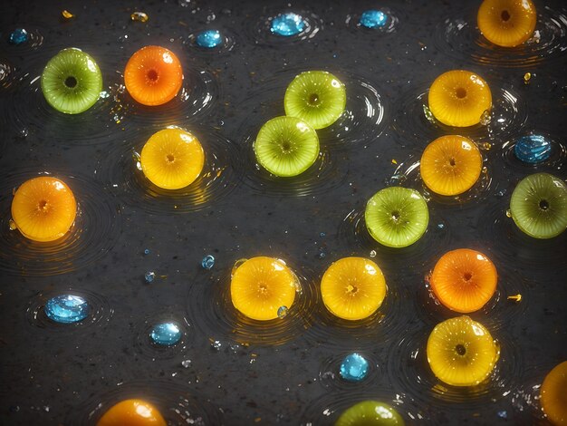 Gouttes de fruits jaunes sur l'eau générées par l'IA