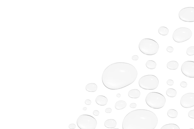 Gouttes de gel transparent ou d'eau de différentes tailles sur fond blanc