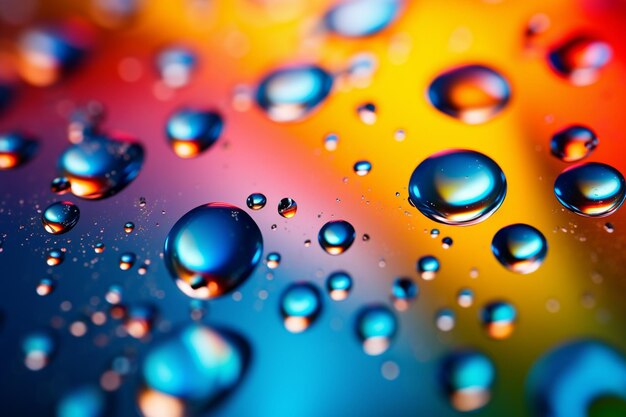 Des gouttes d'huile colorées abstraites dans un liquide sur un fond décentré.