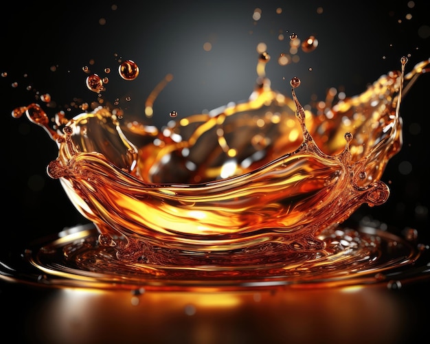 Des gouttes d'huile réalistes créent des bulles et des gouttelettes liquides dorées éclaboussantes Illustration IA générative