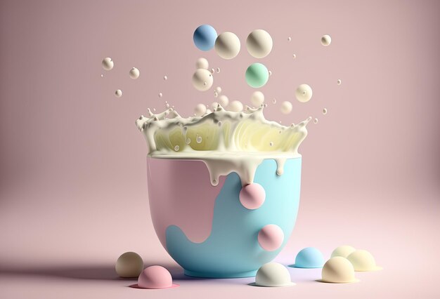 Gouttes de lait sur une tasse Éclaboussure de milkshake crème liquide épaisse boules colorées Abstrait fond pastel rendu 3D généré par l'IA