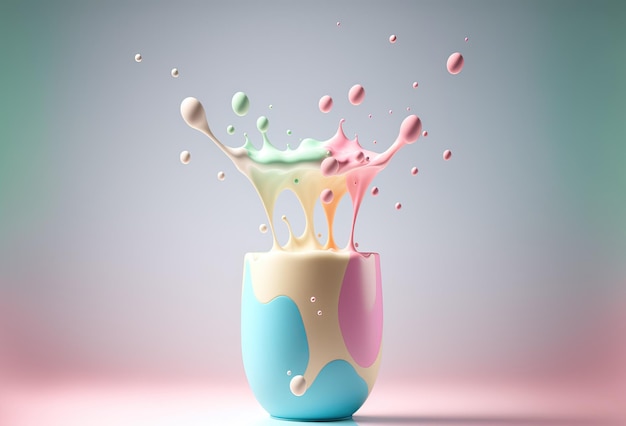 Gouttes de lait sur une tasse Éclaboussure de milkshake crème liquide épaisse boules colorées Abstrait fond pastel rendu 3D généré par l'IA