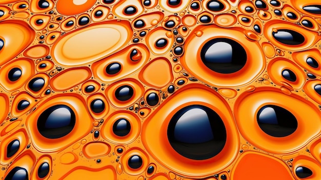 Gouttes de peinture noire abstraite mélangées dans un fond d'huile orange Modèle de fluides non mélangés AI générative