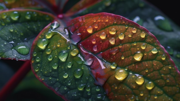 Gouttes de pluie sur arc-en-ciel fleur feuille détail illustration générative ai