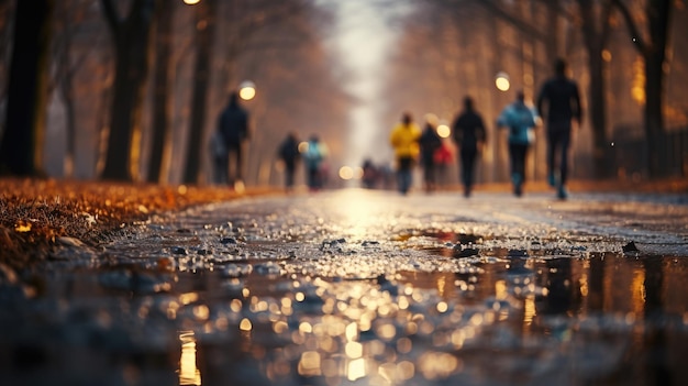 Gouttes de pluie sur l'asphalte dans le parc de la ville Arrière-plan flou avec des gens qui courent