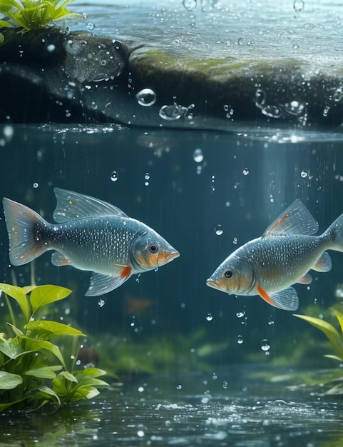 Gouttes de pluie au-dessus du cours d'eau Poisson jouant