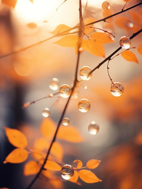 Des gouttes de pluie sur une branche avec le soleil derrière elles.