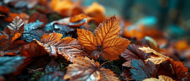 Les gouttes de pluie brillent sur les feuilles brunes sur un fond doux.