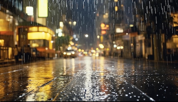 les gouttes de pluie brouillent les lumières de la ville reflétant l'architecture ancienne dans les rues humides