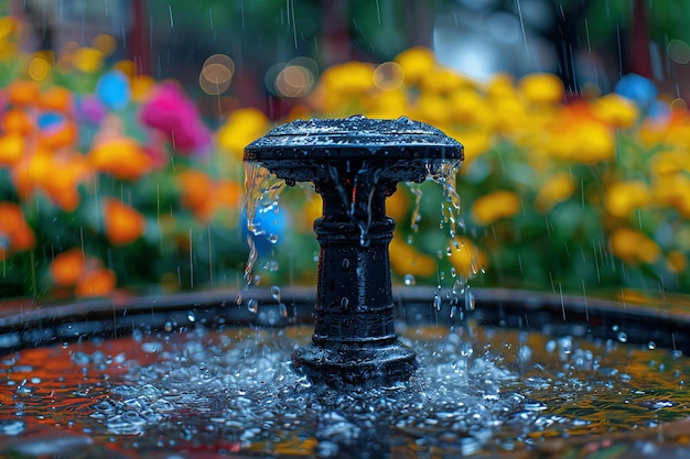 Photo des gouttes de pluie colorées sur un arroseur de jardin noir