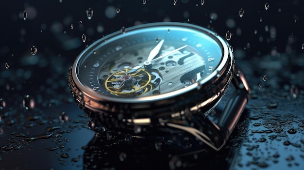 Des gouttes de pluie coulant sur le verre d'une montre créée avec la technologie d'IA générative