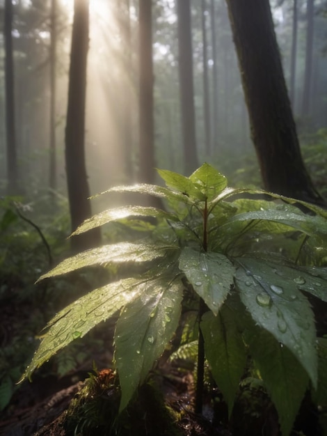 Des gouttes de pluie dans une forêt de brume et de rayons de soleil.