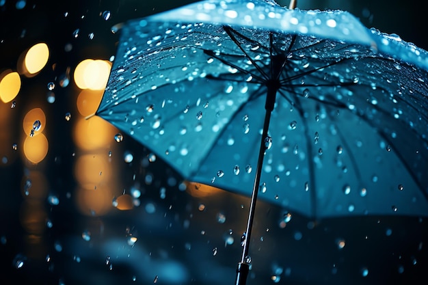 Photo les gouttes de pluie éclaboussent sur le parapluie représentant un concept de temps pluvieux