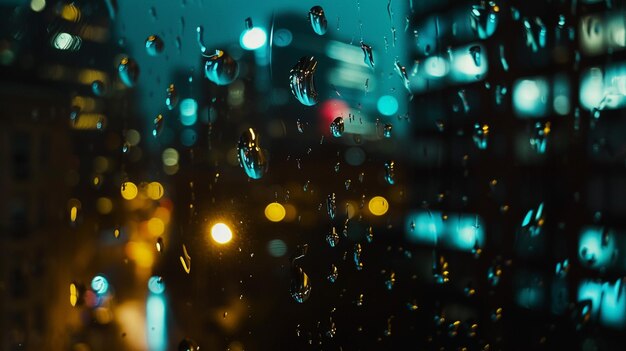 Photo des gouttes de pluie sur la fenêtre d'un immeuble la nuit