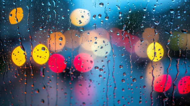 Des gouttes de pluie sur la fenêtre avec des lumières de la ville floues en arrière-plan