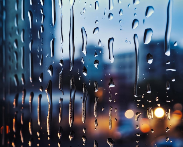 Photo des gouttes de pluie sur une fenêtre avec une ville en arrière-plan