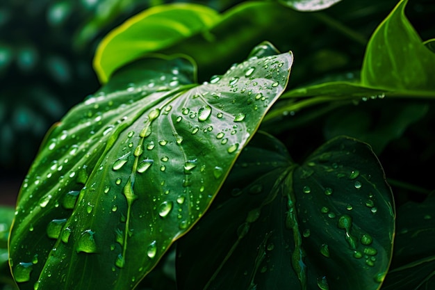 gouttes de pluie sur une feuille avec des feuilles vertes dans le style de moteur irréel 5 tropiques énigmatiques