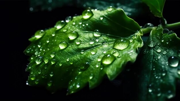 Gouttes de pluie sur une feuille verte ai générative