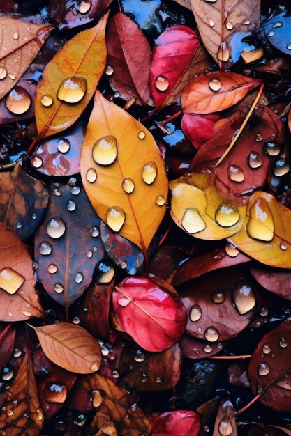 Gouttes de pluie sur des feuilles colorées tombées sur le sol créées avec une IA générative