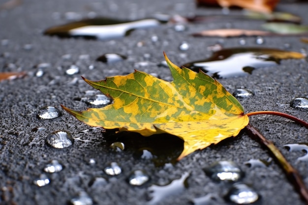 Gouttes de pluie sur les feuilles de pissenlit dans les fissures de la chaussée